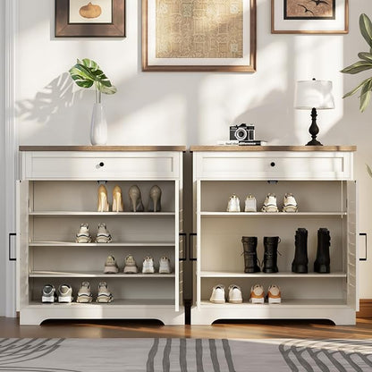 ChooChoo Farmhouse Shoe Cabinet with Doors, 4-Tier Shoe Storage Cabinet with Drawer and Shelves, Wooden Shoe Rack Organizer for Entryway, Hallway, Closet, White