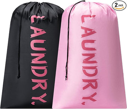 2 Pack 28" x 40"Travel Laundry Bag, Machine Washable Dirty Clothes Organizer with Drawstring,Large Enough to Hold 4 Loads of Laundry, Easy Fit a Laundry Hamper or Basket Travel Essentials