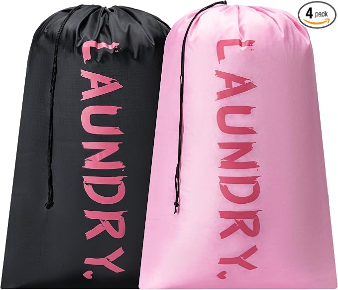 4 Pack XL Travel Laundry Bag, Machine Washable Dirty Clothes Organizer with Drawstring,Large Enough to Hold 4 Loads of Laundry, Easy Fit a Laundry Hamper or Basket Travel Essentials 24" x 36"
