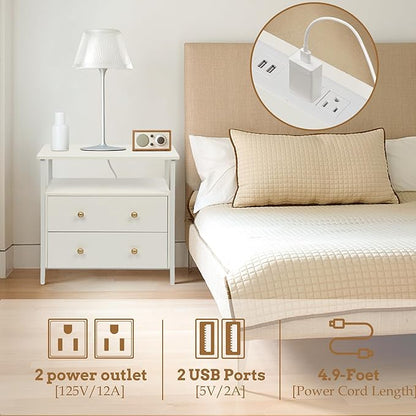 27 inch Wide Night Stand with Charging Station, Bedside Table with Open Shelf, 2 Drawers Small Wood Dresser, Modern Wood Nightstand for Bedroom/Living Room (White)