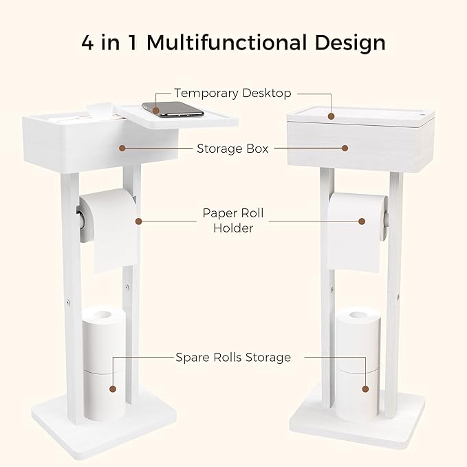 Wealone 4-in-1 White Toilet Paper Holder Stand with Storage Shelf Box, Bamboo Free Standing Toilet Tissue Roll, Toilet Wipes Dispenser Organizer, Temporary Desktop for Bathroom (Patent Protection)