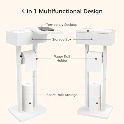Wealone 4-in-1 White Toilet Paper Holder Stand with Storage Shelf Box, Bamboo Free Standing Toilet Tissue Roll, Toilet Wipes Dispenser Organizer, Temporary Desktop for Bathroom (Patent Protection)
