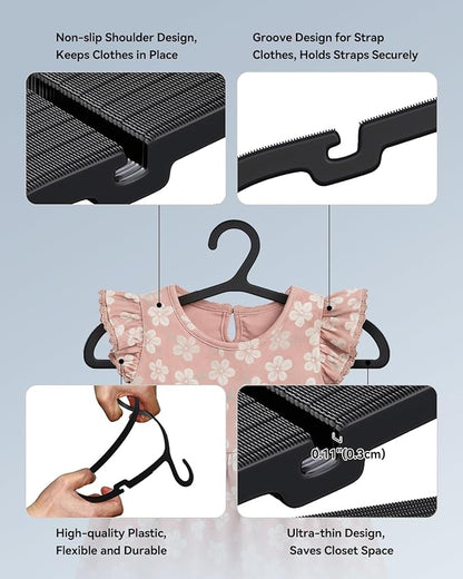 Plastic Kids Hangers, Pack of 60, Ultra Slim Closet Hangers, Non-Slip, Space-Saving, Sturdy, 14" W x 7" H (for Children Aged 7-12 Years), Black, UAPY0760B