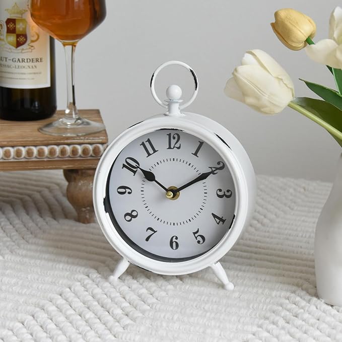 MACVAD Small white table clock Vintage Rustic White Table Clock on Stand, Decorative Desk and Shelf Clock Farmhouse Mantel Clock Rustic Non-Ticking Clock