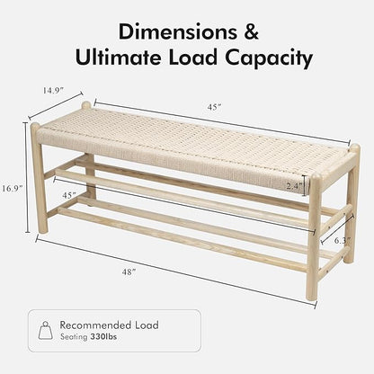 Solid Wood Entryway Bench with Shoe Storage, Rustic Oak Wood and Woven Design 45 Inch Long Seating for Living and Dining Rooms, 3-Tier Nature
