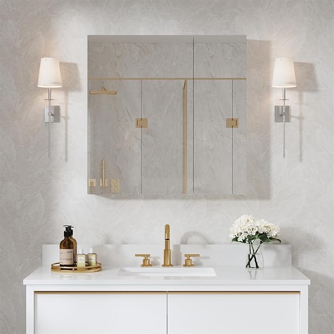 WELLFOR 30" x 30" Bathroom Medicine Cabinet, Anodized Chrome Aluminum Frame, Medicine Cabinet with Adjustable Glass Shelves, Bathroom Mirrored Cabinet, Surface or Recessed Mount, Double Doors