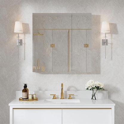 WELLFOR 30" x 30" Bathroom Medicine Cabinet, Anodized Chrome Aluminum Frame, Medicine Cabinet with Adjustable Glass Shelves, Bathroom Mirrored Cabinet, Surface or Recessed Mount, Double Doors