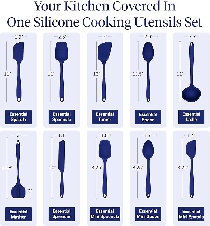 GIR: Get It Right 10-Piece Silicone Essentials Kitchen utensils set - Ladle, Spatula, Flip, Spoon & Spoonula - Non toxic cooking utensils for Nonstick Cookware, Cooking and Baking - Royal Blue