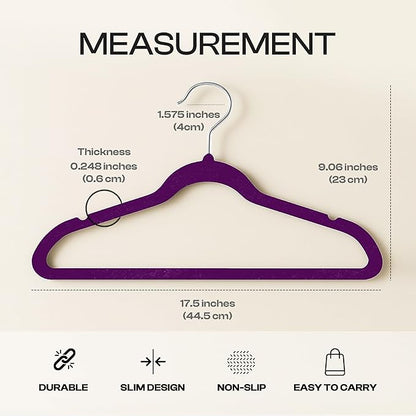 Utopia Home Velvet Hangers 50 Pack - Non-Slip Suit Hangers with 360 Degree Rotatable Hook - for Pants, Coats, Shirts & More (Purple)