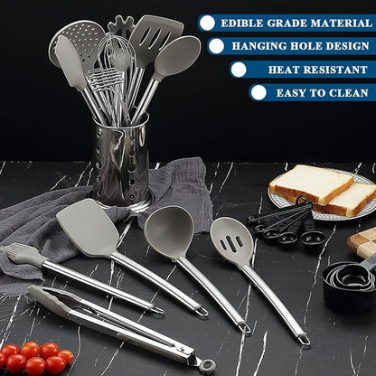 Kitchen Utensils Set, Kyraton 38 Pieces Non-Stick Silicone Cooking Utensils Set, Spoon Spatula Set with Sturdy Stainless Steel Utensil Holder, Dishwasher Safe