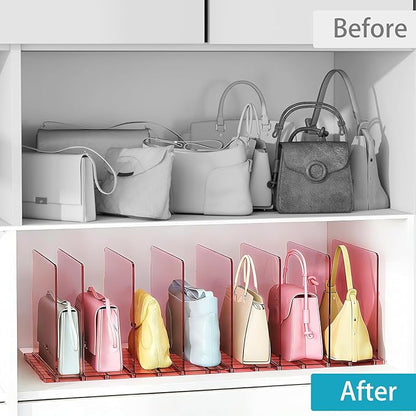 SortNStore Purse Organizer for Closet: Shelf Dividers Adjustable Acrylic Bag Closet Organizers and Storage Pink 4 Bases 14 Shelves