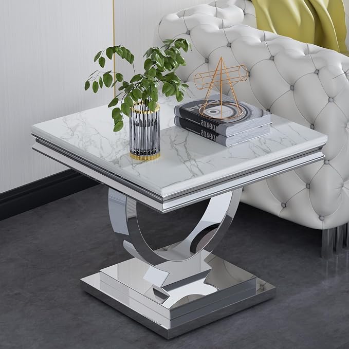 3 Piece Living Room Table Set Include 1 Faux Marble Coffee Table & 2 End Tables, Modern White Silver Coffee Table Set of 3 with Double O Shape Stainless Steel Pedestal Base