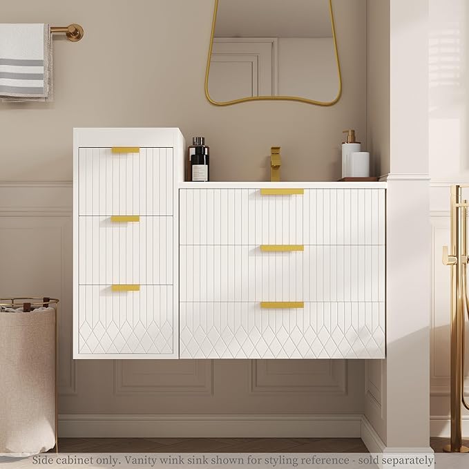 12 Inch Floating Bathroom Side Cabinet, Wall Mounted Bathroom Storage Cabinet with 3 Drawers, Modern Slim Organizer with Decor Line, Gold Metal Pulls