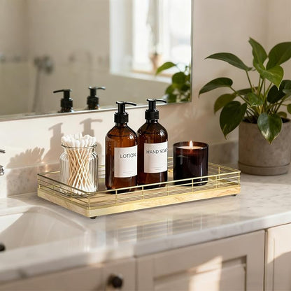 Large Bathroom Vanity Tray – 13" x 8" Oak Decorative Wooden Tray for Bathroom Countertop & Vanity Organizer, Wood Tray for Perfume Skincare Accessories Storage Vanity Dresser Decor Gold & Natural Oak