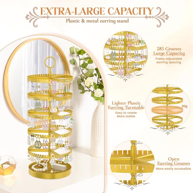 iDavosic.ly 5 Tier Rotating Earring Holder Organizer with Metal Tray, Adjustable Plastic Dangle Display Stands Tree with 285 Grooves, Large Hoop Storage Rack Tower, Gold