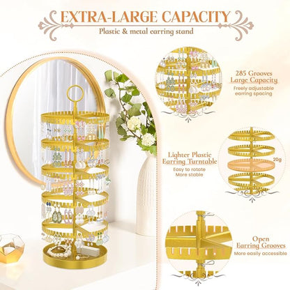 iDavosic.ly 5 Tier Rotating Earring Holder Organizer with Metal Tray, Adjustable Plastic Dangle Display Stands Tree with 285 Grooves, Large Hoop Storage Rack Tower, Gold