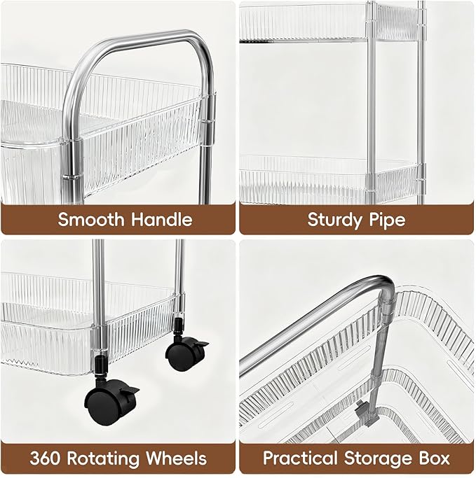 STARLATTA 3 Tier Rolling Cart with Lockable Wheels, Clear Acrylic Utility Trolley with Handle, Heavy-Duty Storage Organizer for Kitchen Bathroom Nursery Laundry - Snack Book Craft Organizer (Clear)