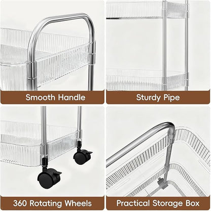STARLATTA 3 Tier Rolling Cart with Lockable Wheels, Clear Acrylic Utility Trolley with Handle, Heavy-Duty Storage Organizer for Kitchen Bathroom Nursery Laundry - Snack Book Craft Organizer (Clear)