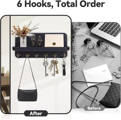 Key Holder for Wall, Mail Organizer Wall Mount with 6 Hooks Wooden Hanging Key Rack for Home Decor, Hallway, Entryway (Black)