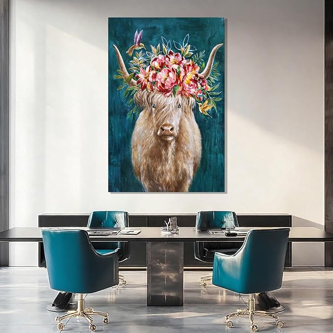 ZENPEE Abstract Modern Animal Wall Decor, Blue Highland Cow Wall Art, Rustic Farmhouse Canvas Decoration for Living Room or Bedroom, 32" x 48"