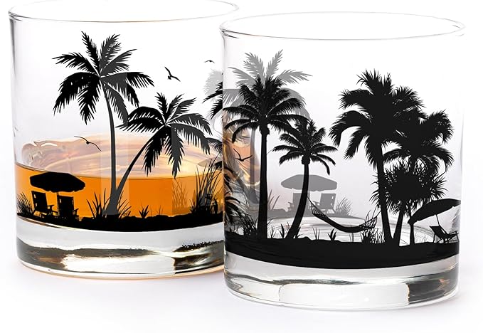 Black Lantern Beach Landscape Whiskey Glass Set Set of 2 Old Fashioned 11oz Tumblers | Heavy Base Cocktail Glasses with Gift Box