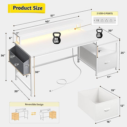Computer Desk with Drawers,Office Desk with Printer Shelf & Monitor Stand,Gaming Desk with Power Outlets & LED Lights,Corner Table with Side Storage Bag, White