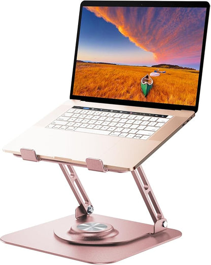 Laptop Stand for Desk, Adjustable Computer Stand with 360° Rotating Base, Ergonomic Laptop Riser for Collaborative Work, Foldable & Portable Laptop Stand, fits for All 10-16" Laptops (Rose Gold)