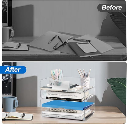 Desk Organizer and Storage,4-Tier Paper Letter Tray Organizers,Stackable Clear Desktop Organizer for Documents,Book Magazine Storage,Office Supplies, (Clear,4 Pack)