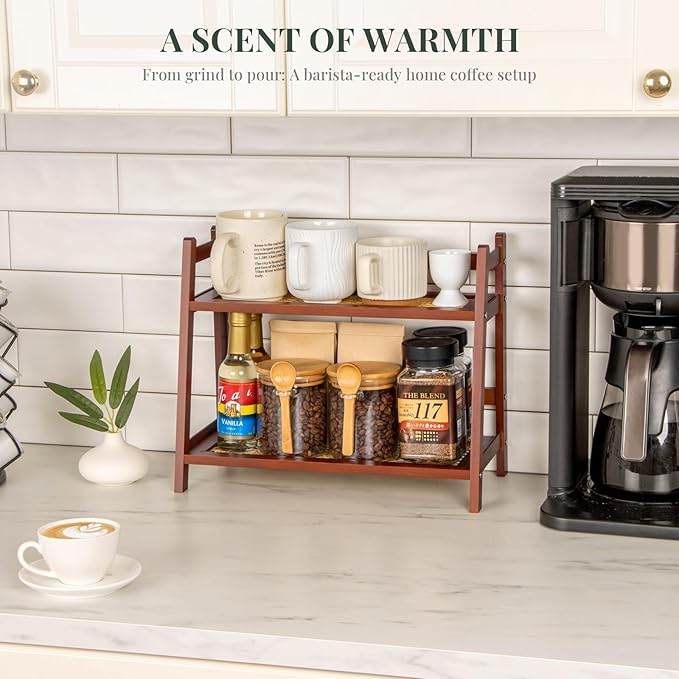 ANBOXIT Rattan-Look Matcha Station Organizer, Countertop Bamboo Tea & Coffee Accessories Station Organizer, 2 Tier Mug Holder Display Stand for Kitchen Condiment, Home, Office - Brown