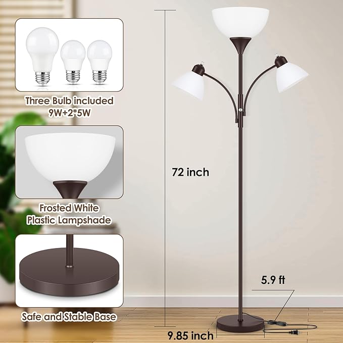 Floor Lamp for Living Room,72" Dimmable Torchiere Lamp with 2 Reading Lights for Bedroom, Brown Tall Standing Room Lamp, 3 Bulbs Included