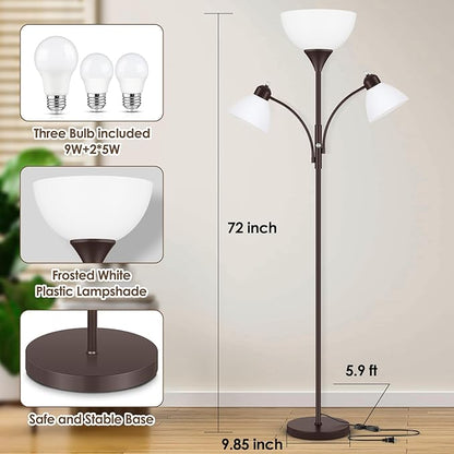 Floor Lamp for Living Room,72" Dimmable Torchiere Lamp with 2 Reading Lights for Bedroom, Brown Tall Standing Room Lamp, 3 Bulbs Included
