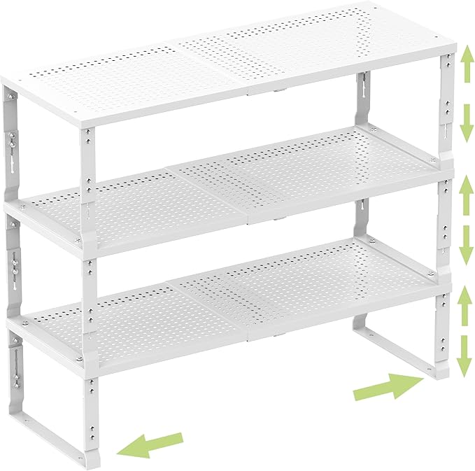 Heavy-Duty Adjustable Metal Shelf Organizer - Expandable & Stackable Pantry Storage Rack for Kitchen, Bathroom, RV, Cabinets(3 Packs/White,Medium)