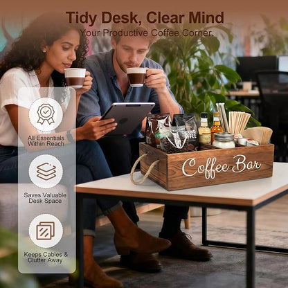 QUALLON Coffee Station Organizer with Small Removable Dividers, Wooden Coffee Bar Accessories Storage For Countertop, Farmhouse Kcup Coffee Pod Holder Basket With Handle For Coffee Lover