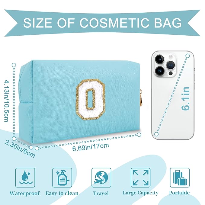 Small Personalized Initial A-Z Preppy Patch Makeup Bag,PU Chenille Letter Travel Cosmetic Pouch with Zipper,Blue Cute Toiletry Bag,Gift Ideal for Teen Girls Women Teacher Bridesmaid,Letter O
