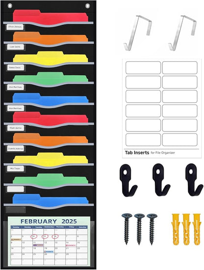 11 Pockets Hanging Wall File Organizer 15" Extra Wide Pocket Chart for Classroom, Office, Home, Mail Organizer Wall Mounted with 1 Writable Clear Pocket, 5 Wall/Door Hooks & 12 Labels (Black)