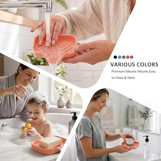 MicoYang Silicone Soap Dish with Drain Spout, Self-Draining Sink Organizer Tray for Bathroom and Kitchen, Sponges, Dispensers and Soap Holder, Non-Slip and Dishwasher Safe, Pink (Compact, 4.9"×3.2")