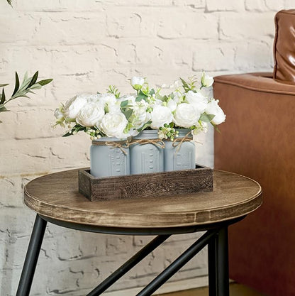 Mkono Mason Jar Table Centerpiece Decorative Wood Tray with 3 Painted Jars Artificial Flowers Rustic Country Farmhouse Decoration for Coffee Table Dining Room Living Room Kitchen (Peony)