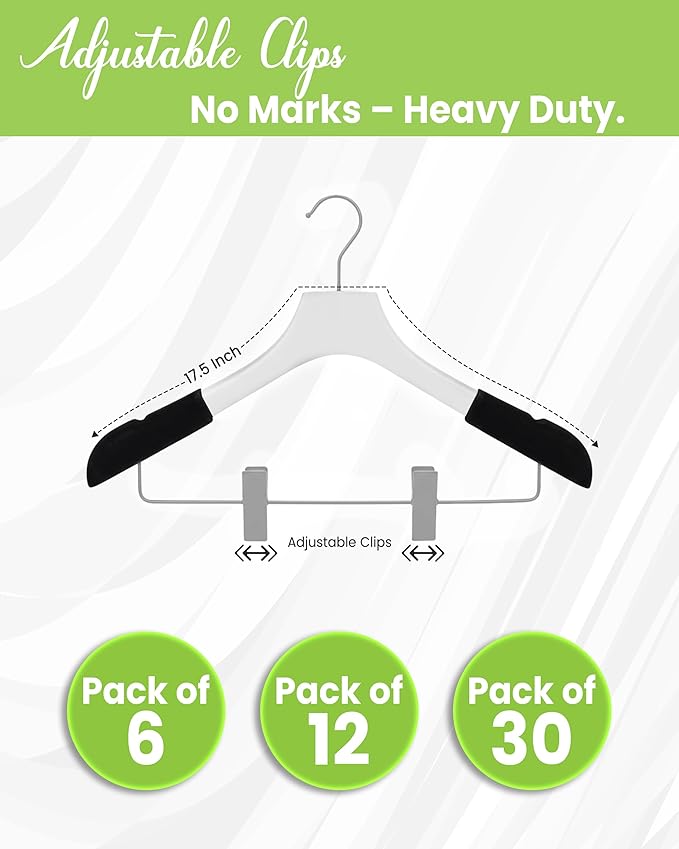 Wooden Hangers with Clips for Women, Solid Wood Skirt & Suit Hangers, Heavy-Duty Adjustable Non-Slip Design with Velvet Grip, White with Black Velvet, 30 pcs