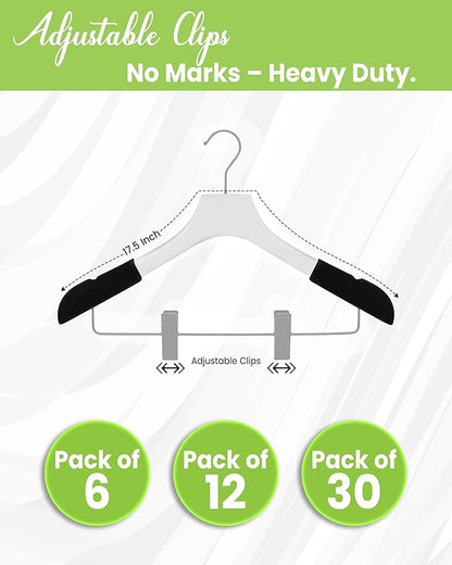Wooden Hangers with Clips for Women, Solid Wood Skirt & Suit Hangers, Heavy-Duty Adjustable Non-Slip Design with Velvet Grip, White with Black Velvet, 30 pcs