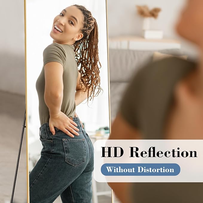 NEWBULIG Mirror Full Length, 58"x19" Body Wall Mirrors with Shatter-Proof Glass, Upgraded Floor Standing Mirror, Hanging or Leaning, with Stand Aluminum Alloy Frame for Home Decor, Bedroom, Gold