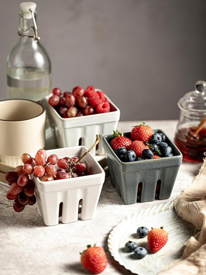 Gomakren Ceramic Fruit Basket Set of 2, Square Fruit Bowls with Holes, Rustic Berry Basket Containers for Kitchen Fridge, Berries, Strawberry, Grape, Cherry - Cream White