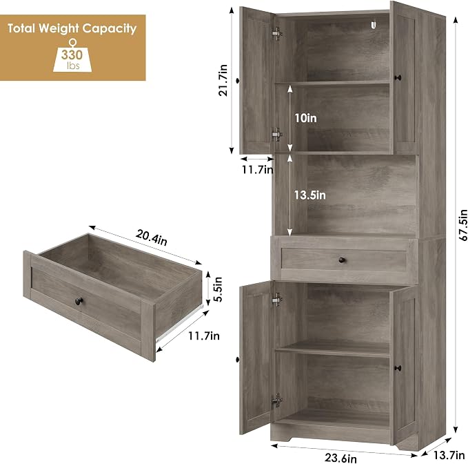 Tall Bathroom Storage Cabinets with Drawer, Farmhouse Linen Cabinet with Doors & Shelves, 67” Tall Storage Cabinet Freestanding for Bathroom, Dining Room, Kitchen, Pantry, Laundry, Narrow Corner,Brown