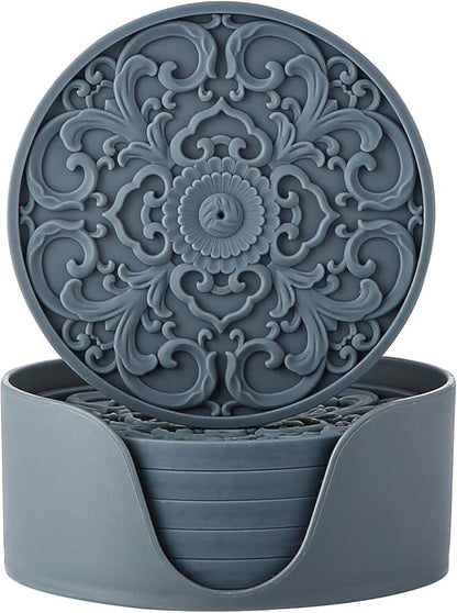 Colinda Silicone Coasters - Set of 6 with Holder, Non-Slip Cup Mats for Hot and Cold Drinks, Decorative Designs, Gift Ready Packaging, Warm Grey