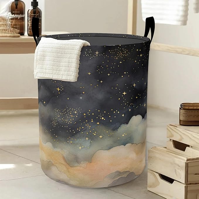 Laundry Basket,Night Sky Stars Clouds Large Canvas Fabric Lightweight Storage Hamper Organizer Dirty Clothes Collapsible Waterproof for College Dorms,Bathroom