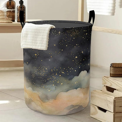 Laundry Basket,Night Sky Stars Clouds Large Canvas Fabric Lightweight Storage Hamper Organizer Dirty Clothes Collapsible Waterproof for College Dorms,Bathroom