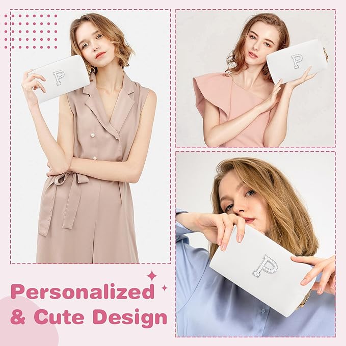 Bride Gifts – Personalized Initial Makeup Bag with Pearl Rhinestone Patch, Preppy White Monogram Cosmetic/Toiletry Pouch, bridesmaid Gifts, Bridal Shower Gifts, Wedding Gifts, Bridal Gifts,P