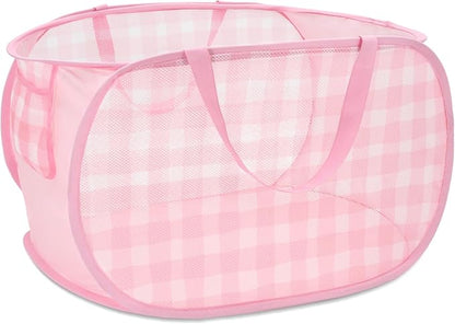 Sturdy Collapsible Laundry Baskets - Pop Up Laundry Hampers with Handy Pocket, Foldable Clothes Hamper with Reinforced Carry Handles for Bathroom, Kids Room, Dorm or Travel - Check Print, Pink