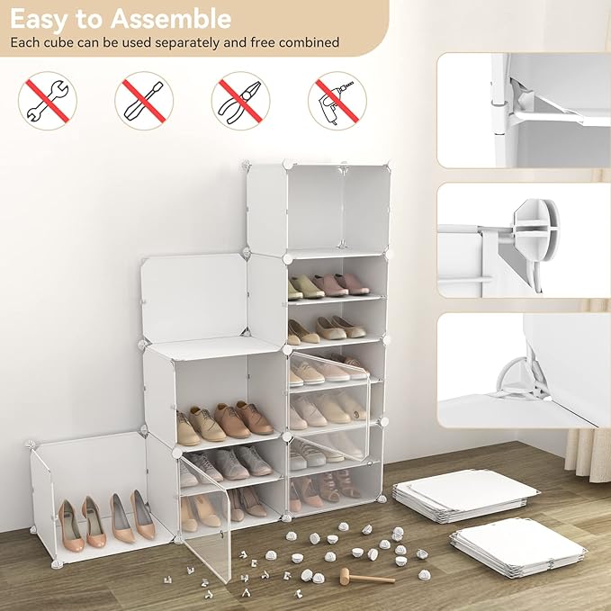 Portable Shoe Rack Organizer with Door, 48 Pairs Shoe Storage Cabinet Easy Assembly, Plastic Adjustable Shoes Organizer Stackable Detachable Free Standing Shoes Rack White