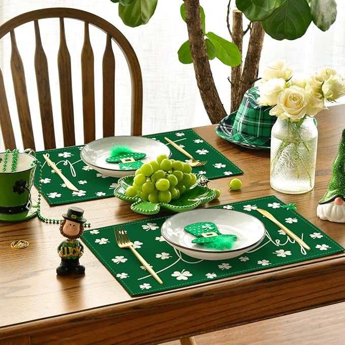 Artoid Mode Green Lucky Shamrock St. Patrick's Day Placemats Set of 6, 12x18 Inch Seasonal Spring Table Mats for Party Kitchen Dining Decoration
