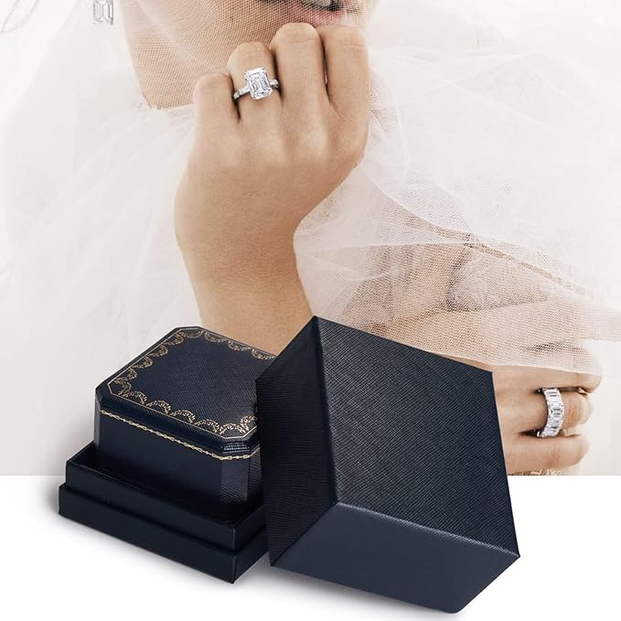 Oirlv Royal Blue Double Ring Box (Jewelry Storage, 2.95x2.95x1.96 inches, Leather, Square, 1 Compartment, 1 Drawer, 0.2 pounds) for Wedding, Anniversary, Engagement, Valentine's Day